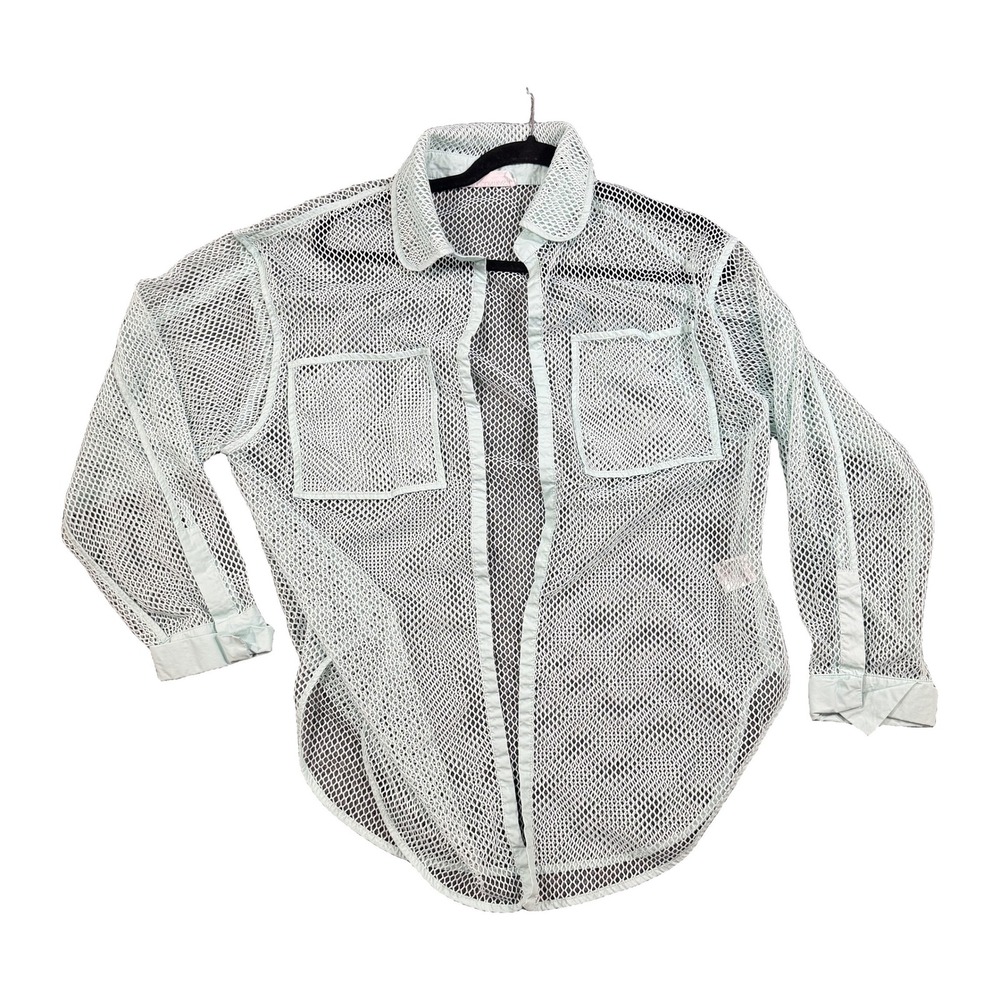 Self Contrast Mint Green Mesh Button Down Shirt CJ-1174 One Size Oversized Top